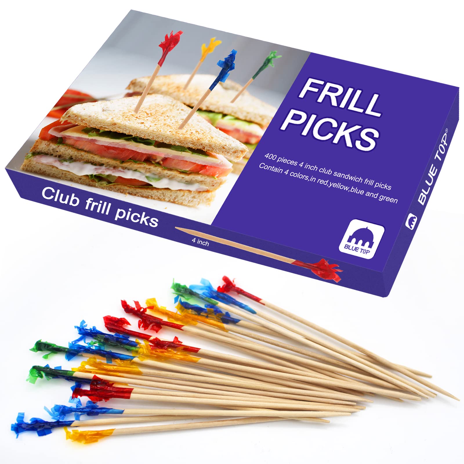 BLUE TOP 400pcs 4 Inch Wood Frill Picks Toothpicks,Club Frill Toothpicks,Sandwiches Picks,Cocktail Party Toothpicks for Fruit,Appetizers,Club Sandwiches,Parties. (Frill Pick 400 PCS)