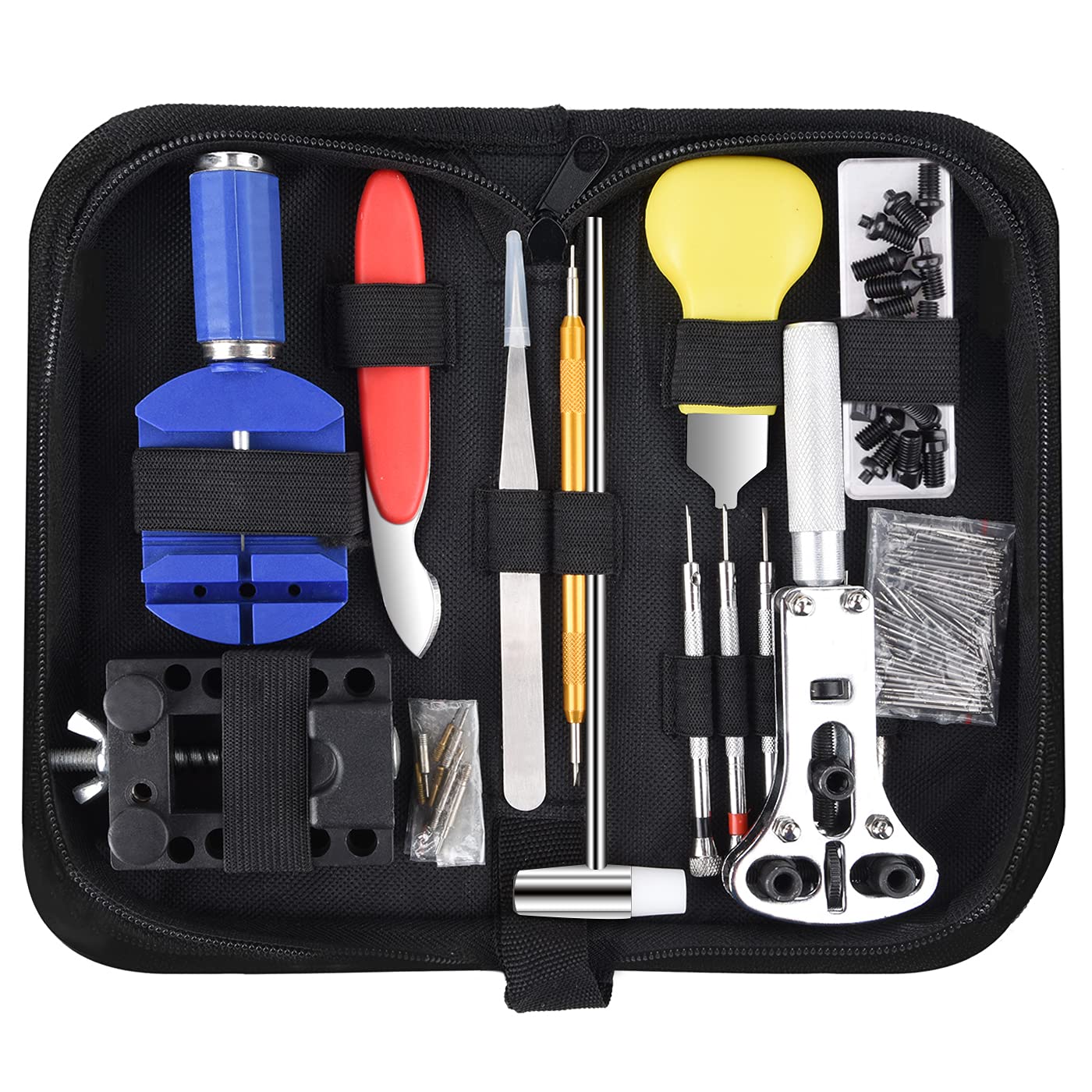 Cadrim 147pc Watch Repair Kit Repair Tools Professional Spring Bar Tool Set Watch Battery Replacement Tool Kit Band Link Pin Tool Set with Carrying Case (Case Opener Adjustable Max 38mm)