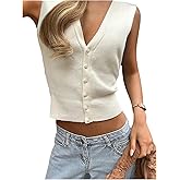 GORGLITTER Women's Cropped Button Up Sweater Vest V Neck Cardigan Sleeveless Knit Tank Tops Dressy Old Money Clothes