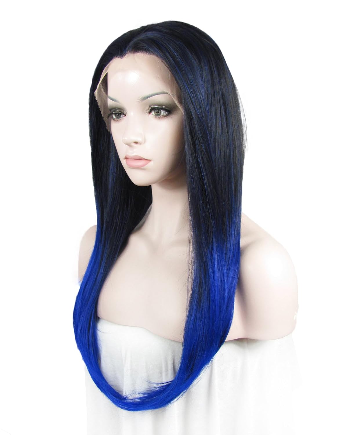 Long Straight Lace Front Wigs Black Root Ombre Blue Hair Wig For Women Halloween