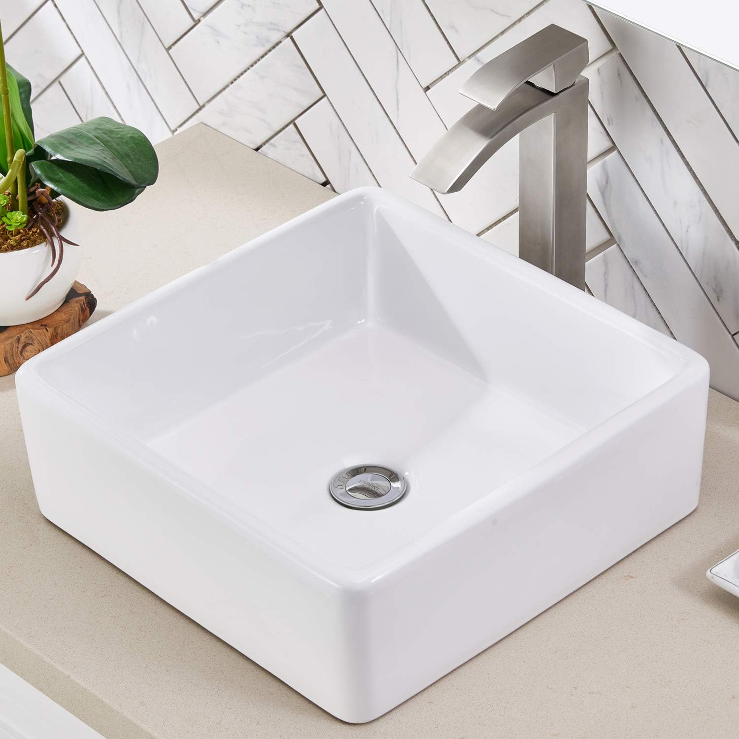 Friho 14 96 X14 96 Modern Above Counter Square Vessel Vanity Sink White Porcelain Ceramic Lavatory Bathroom Vessel Sink Amazon Com