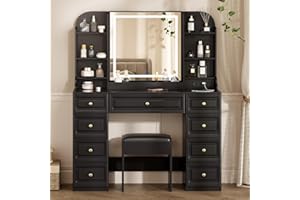 YYJ 42" Makeup Vanity Desk with Mirror and Lights, & Power Outl,Glass Top Big Vanity Table with 9 Drawers& 8 Storage Shelves,Dressing Table Set with Chair for Bedroom,Black
