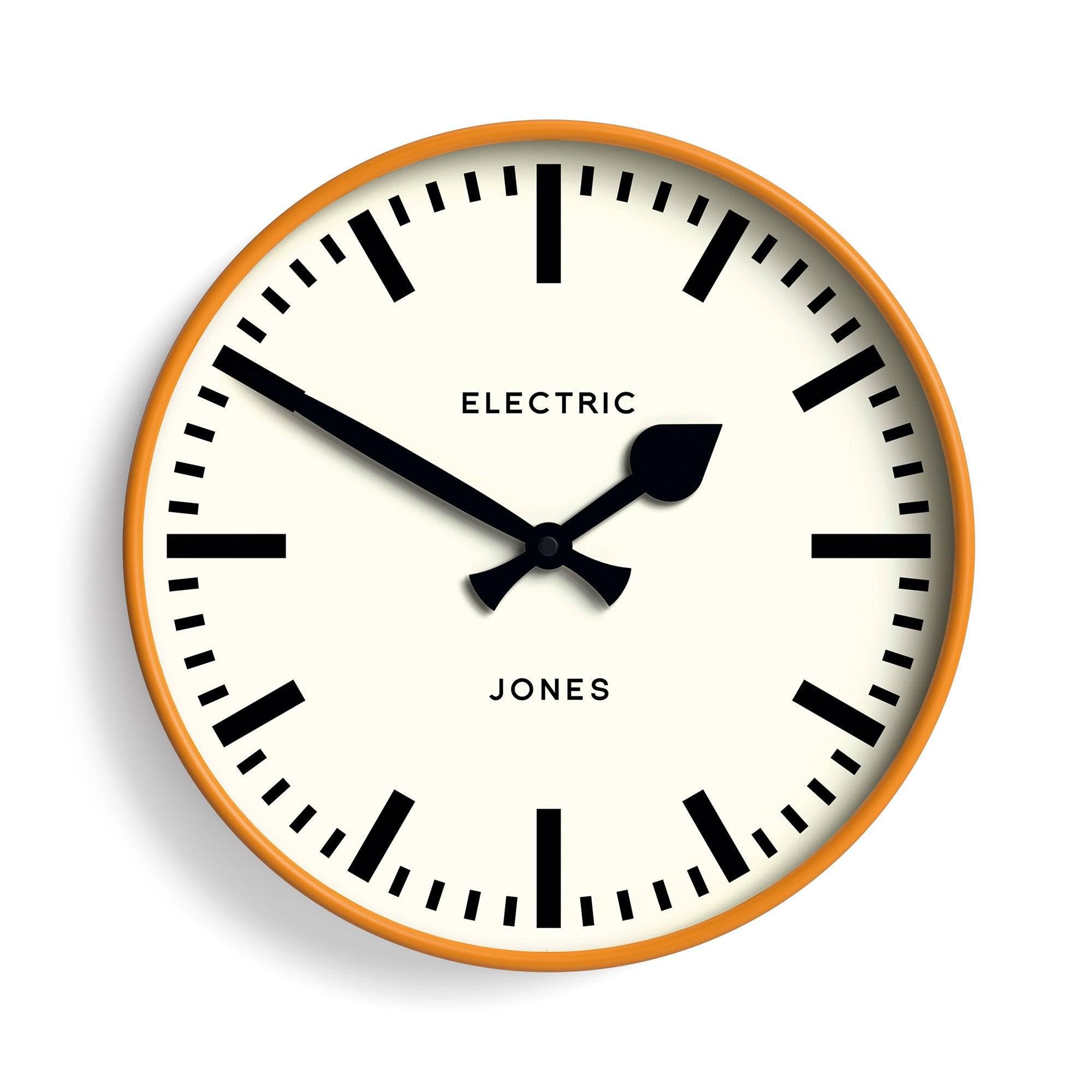 Jones Clocks® Tiger wall clock | Modern round station clock | 30cm | Orange | Cool designer look for kitchen, living room or office