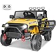 Hikole Ride on Jeep 12V Children with Remote Control, Safety Belt, Kids Battery Powered Vehicles, Better Shock Absorption, LED Lights, Bluetooth, Forward/Backward, 3 Speeds, Yellow