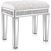 VINGLI Mirrored Vanity Stool with Storage, Upholstered Velvet Ottoman, Makeup Dressing Table Bench with Sparking Diamonds, Si