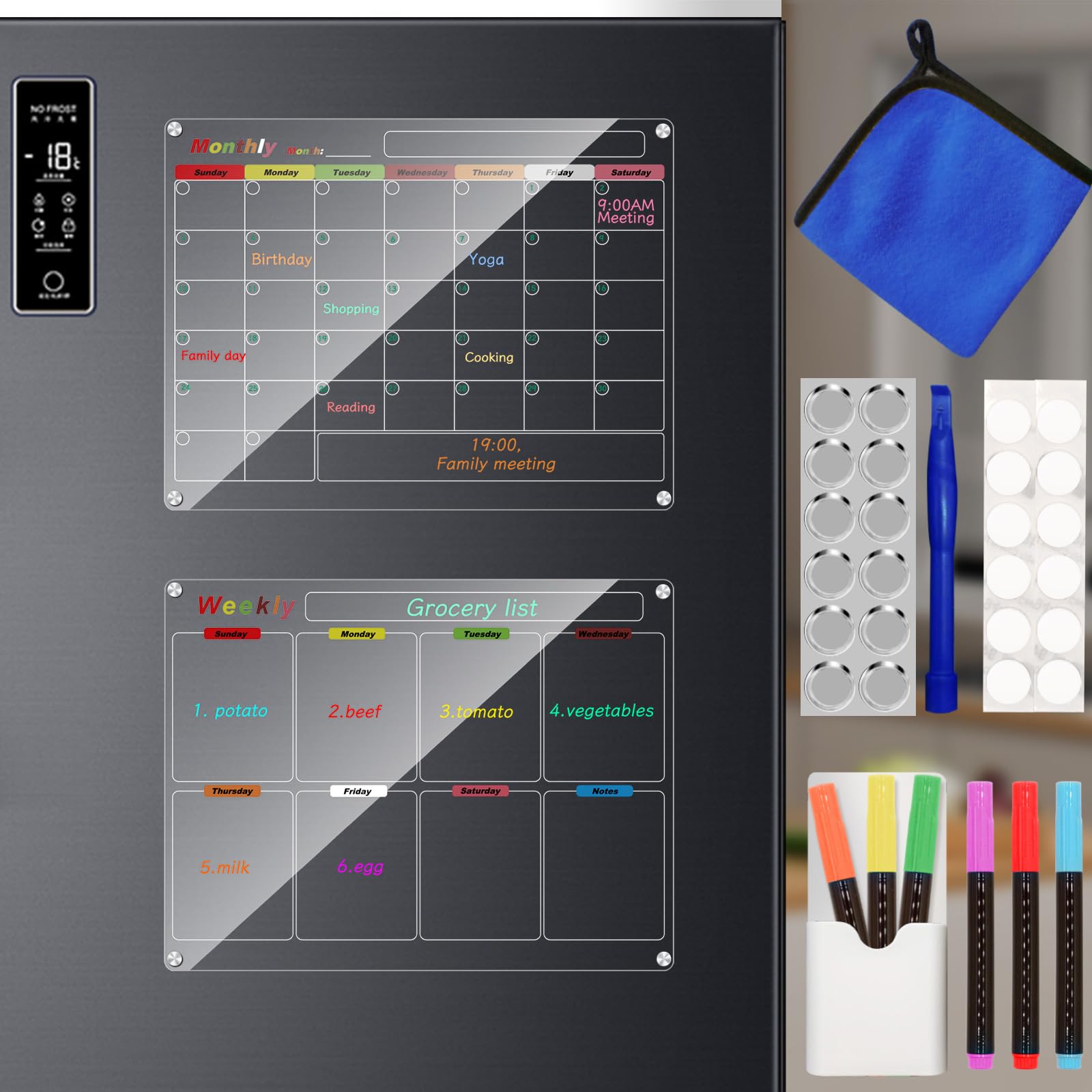 Acrylic Magnetic Calendar for Refrigerator, 2 Pack 25x33cm/10x13inch Clear Fridge Calendar, Dry Erase Planning Boards, Monthly Planner and Weekly Planner