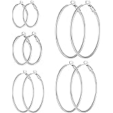 Geveay 5Pairs Stainless Steel Hoops Earrings Hypoallergenic Hoop Earrings for Women Lightweight Thin Large Hoop Earrings Set 30/40/50/60/70MM