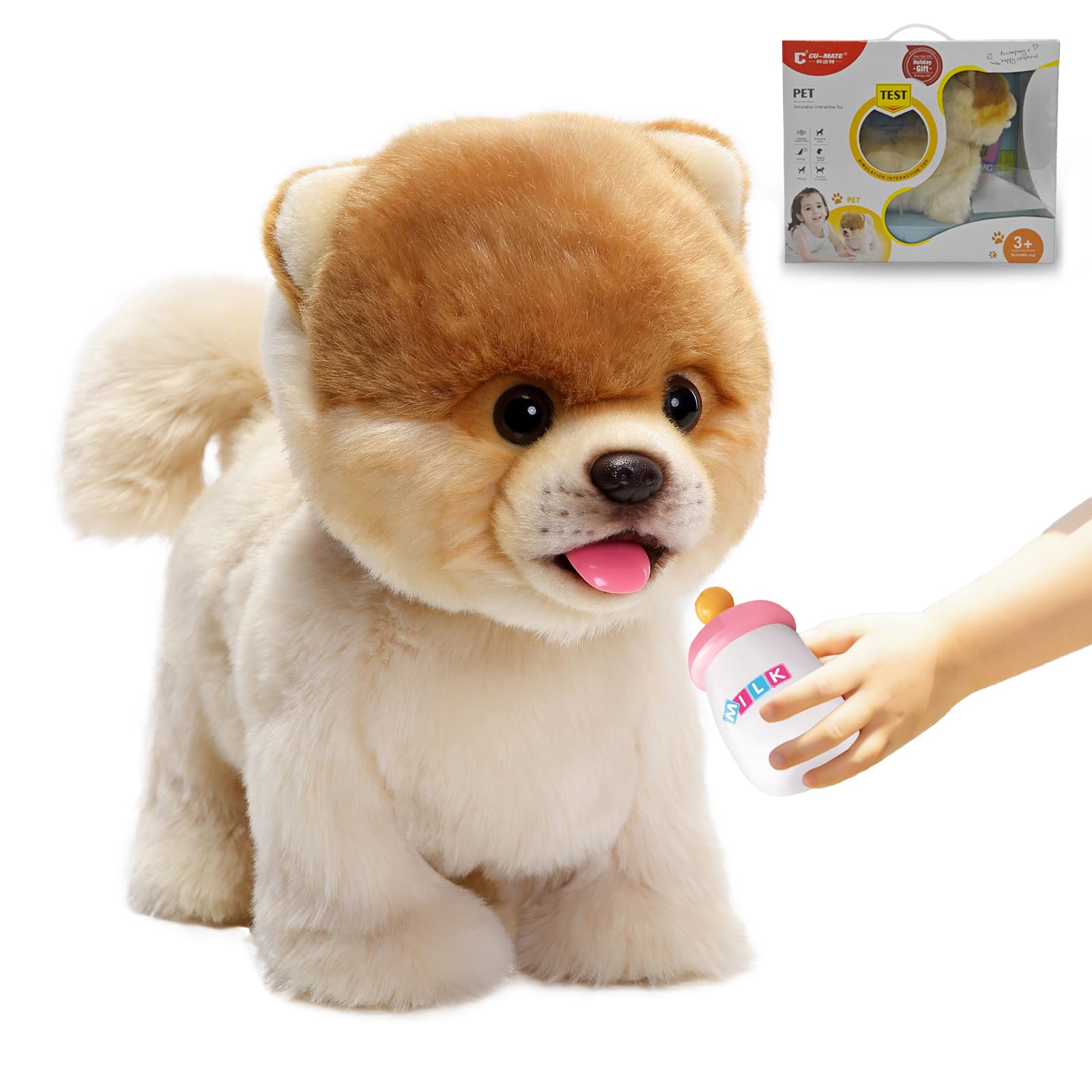 CU-MATE Electronic Walking Cats Dog, Realistic Interactive Pet Toy, Walking, Barking,Wagging Tail & Talking, Gifts for Boys and Girls (Electric Pomeranian)
