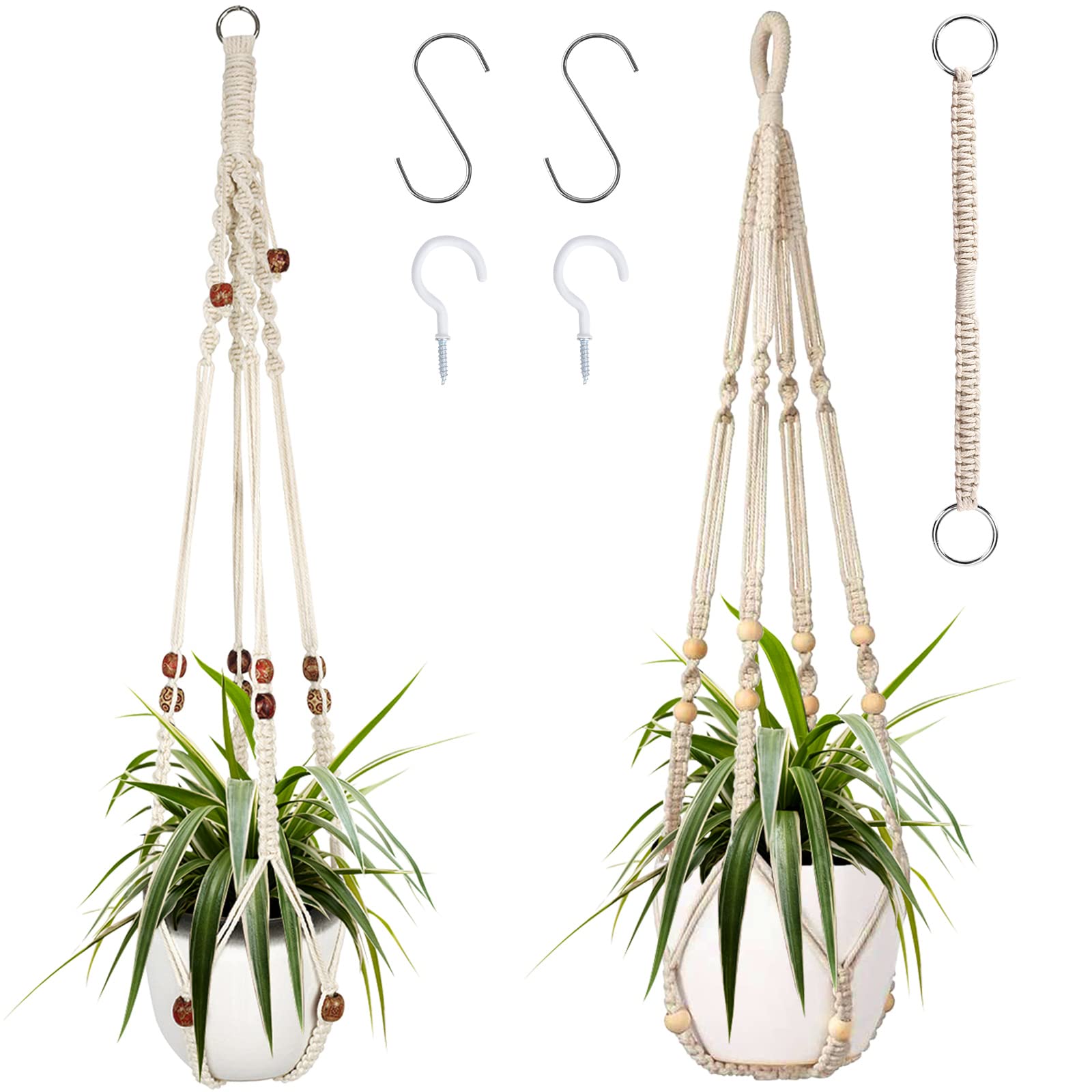Augshy Macrame Plant Hanger, 2Pcs Hanging Plant Holder with Extender Plant Hangers for Indoor Outdoor Decor Macrame Hanging Planter Basket with 4 Hooks