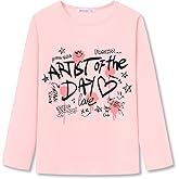 Serdomi Girls Long Sleeve T-Shirt - Soft Tops Pink Cute Cat Graphic Tee Size 6-14