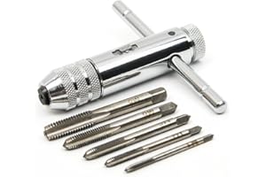 QISF Adjustable Silver T-Handle Ratchet Tap Holder Wrench with 5pcs M3-M8 3mm-8mm Machine Screw Thread Metric Plug T-shaped Tap
