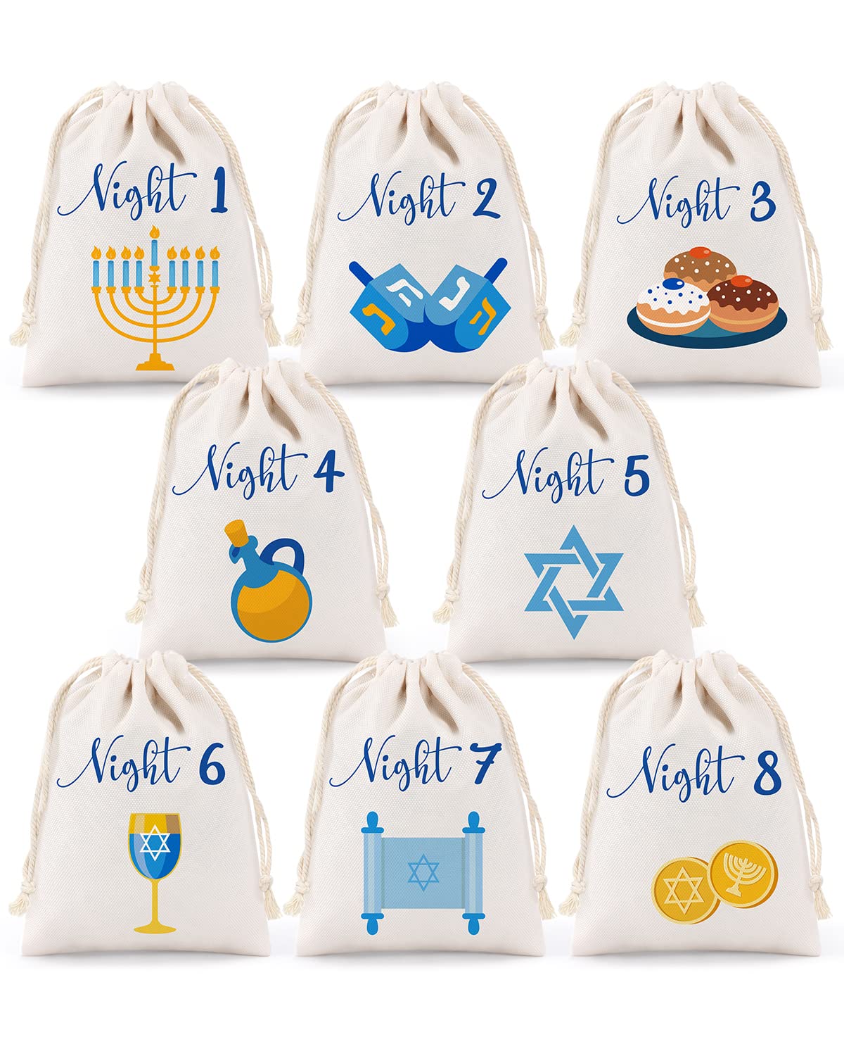 Photo 1 of 8 Nights of Hanukkah Drawstring Bags Chanukah Gift Bags Hanukkah Countdown Calendar Hanukkah Linen Treat Goodie Bags Festival of Lights Party Favor Set of 8