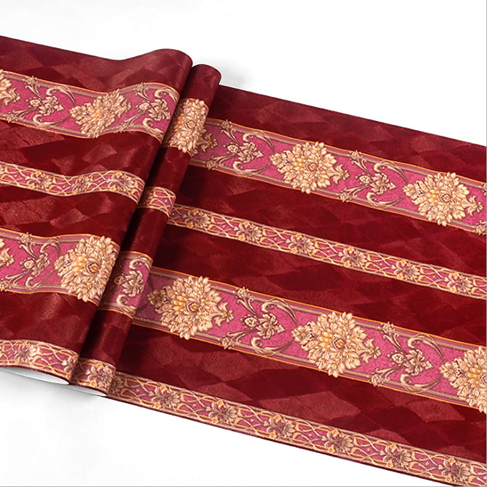 FNMHime 20.87″Wx393.7″L 3D Relief Pastoral Vintage Modern European Style Stripe Bedroom Living Room TV Background Wallpapers Non-Pasted (B Red)