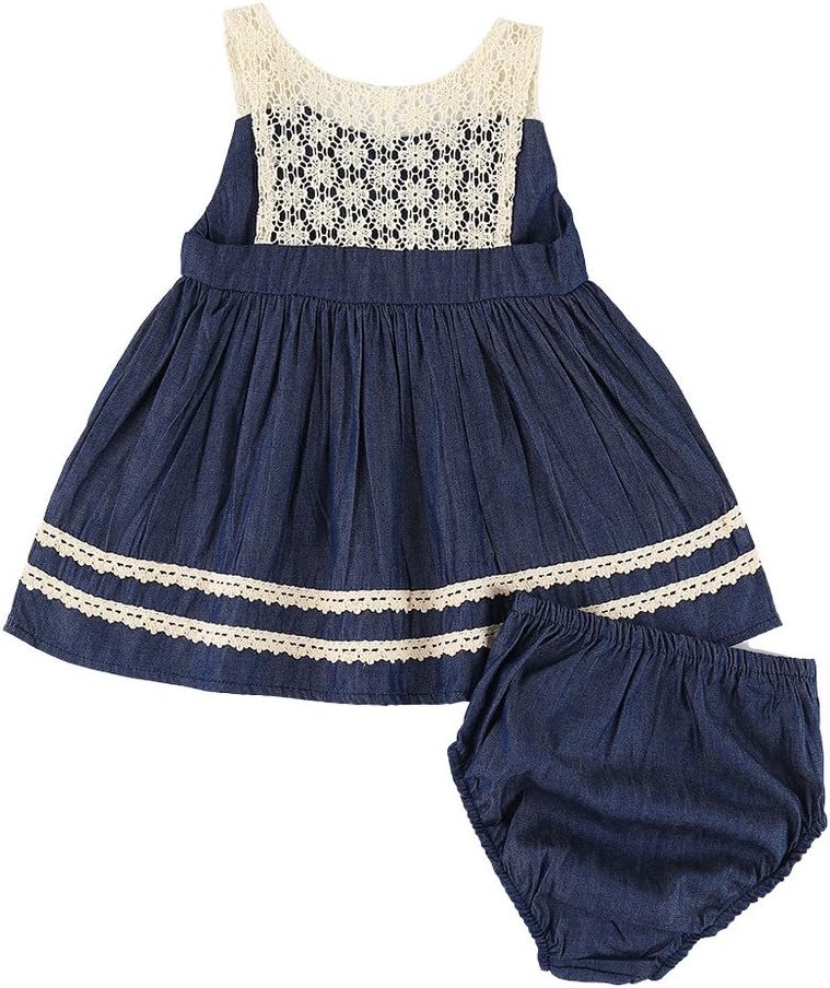 MIOIM Infant Girls Princess Dress Set 2pcs Toddler Newborn Baby Girls Lace Crochet Denim Tutu Dress