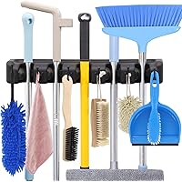 HYRIXDIRECT Mop and Broom Holder Wall Mount Heavy Duty Broom Holder Wall Mounted Broom Organizer Home Garden Garage Storage Rack 5 Position with 6 Hooks (Black)