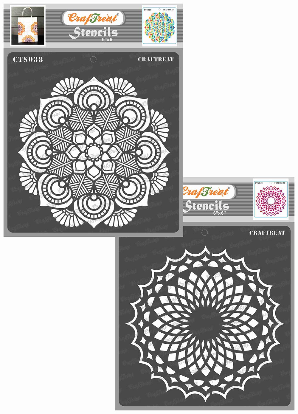 CrafTreat Reusable Lotus Mandala Stencils for Painting on Wood, Canvas, Paper, Fabric, Floor, Wall and Tile - Mandala and Lotus Mandala - 2 Pcs - 6x6 Inch Each - DIY Art and Craft Stencils