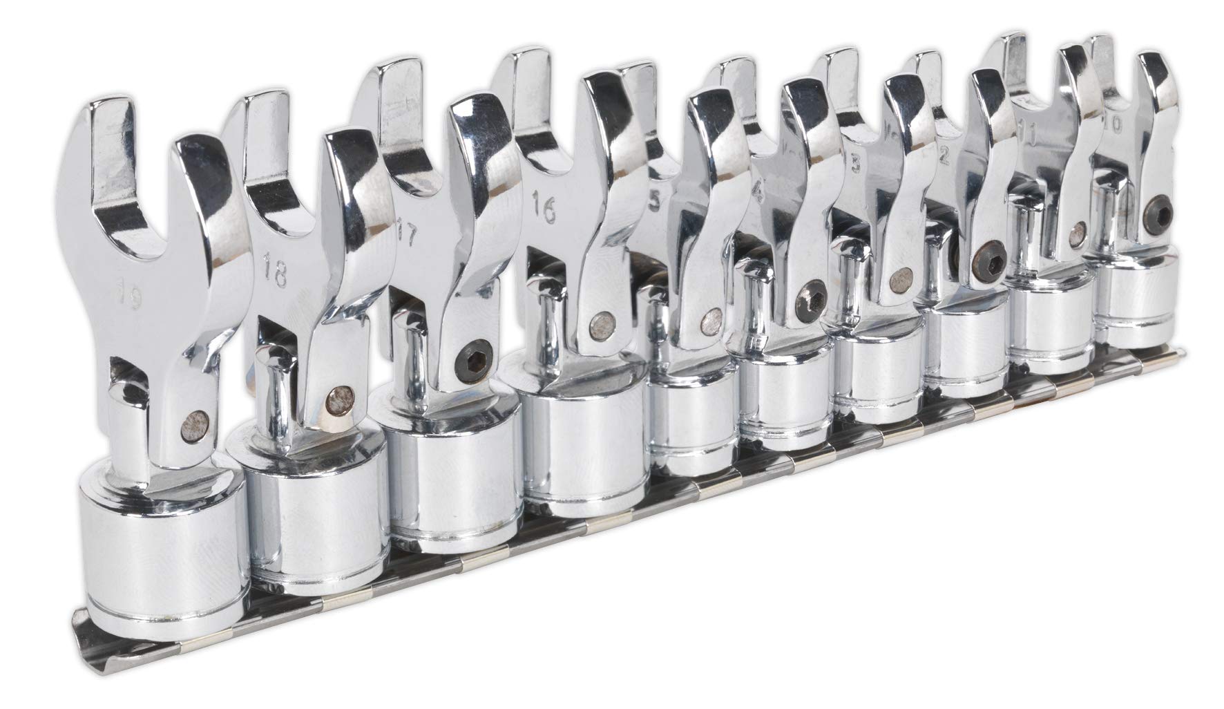 Sealey Siegen S01043 Flexible Crow's Foot Open End Spanner Set 10pc, Silver, 3/8"Sq Drive Metric