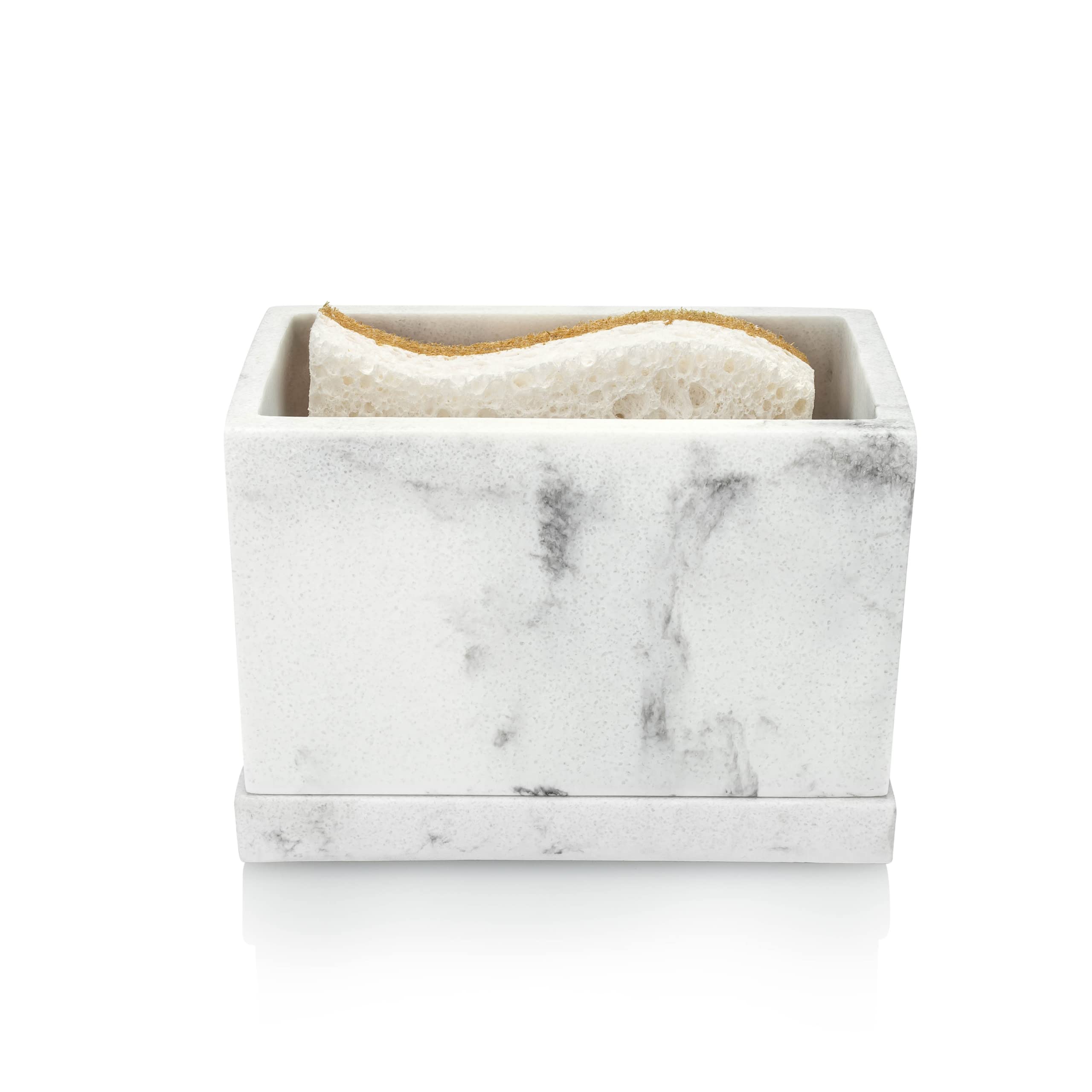 Photo 1 of Essentra Home White Marble Kitchen Sponge Holder, Modern Kitchen Sink Caddy with Drain Tray