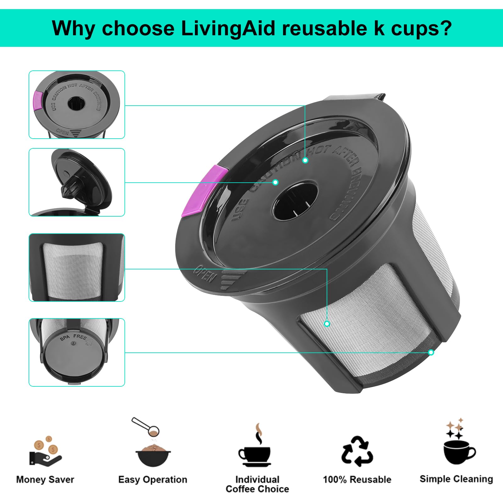Reusable K Cups, 4 Pack Universal Fit Reusable Coffee Pods with Coffee Spoon, Refillable K Cups Coffee Filters with Food Grade Stainless Steel Mesh Fit for 1.0 Brewers Black