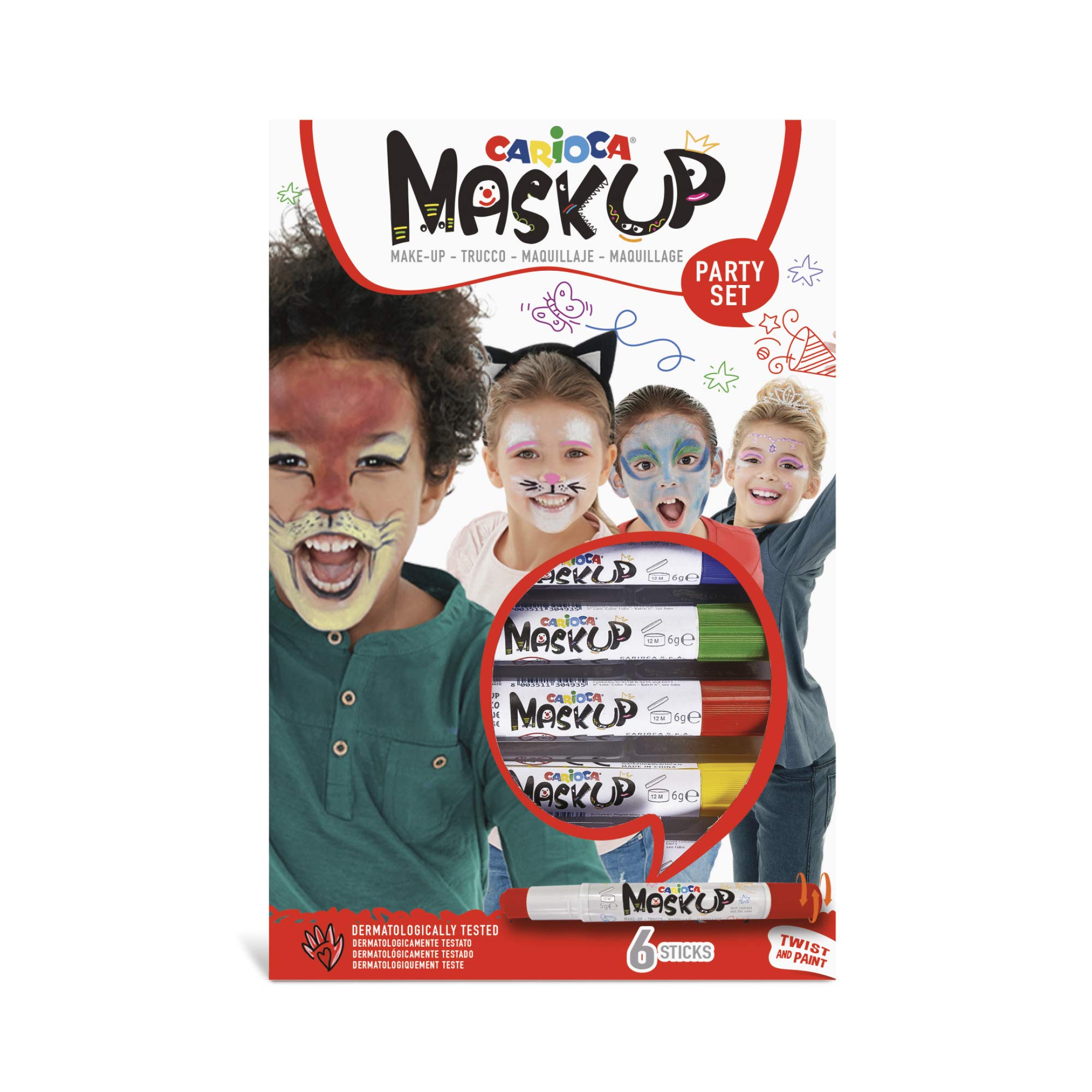 Carioca Mask Up Party, Face Painting Kit for Boys and Girls, Make-up Sticks Ideal for Christmas, Halloween, Carnival and Parties - 3 Colours and 2 Tutorials - Dermatologically Tested