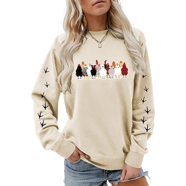 Women's Cute Chicken Thanksgiving Sweatshirt - Farm Chicks Graphic, Loose Fit Hoodie - View #2