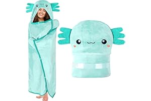 HAPPY FUEL Axolotl Wearable Hooded Blanket for Adults - Super Soft Warm Cozy Plush Flannel Fleece & Sherpa Hoodie Throw Cloak Wrap - Axolotl Gifts for Women Adults and Kids