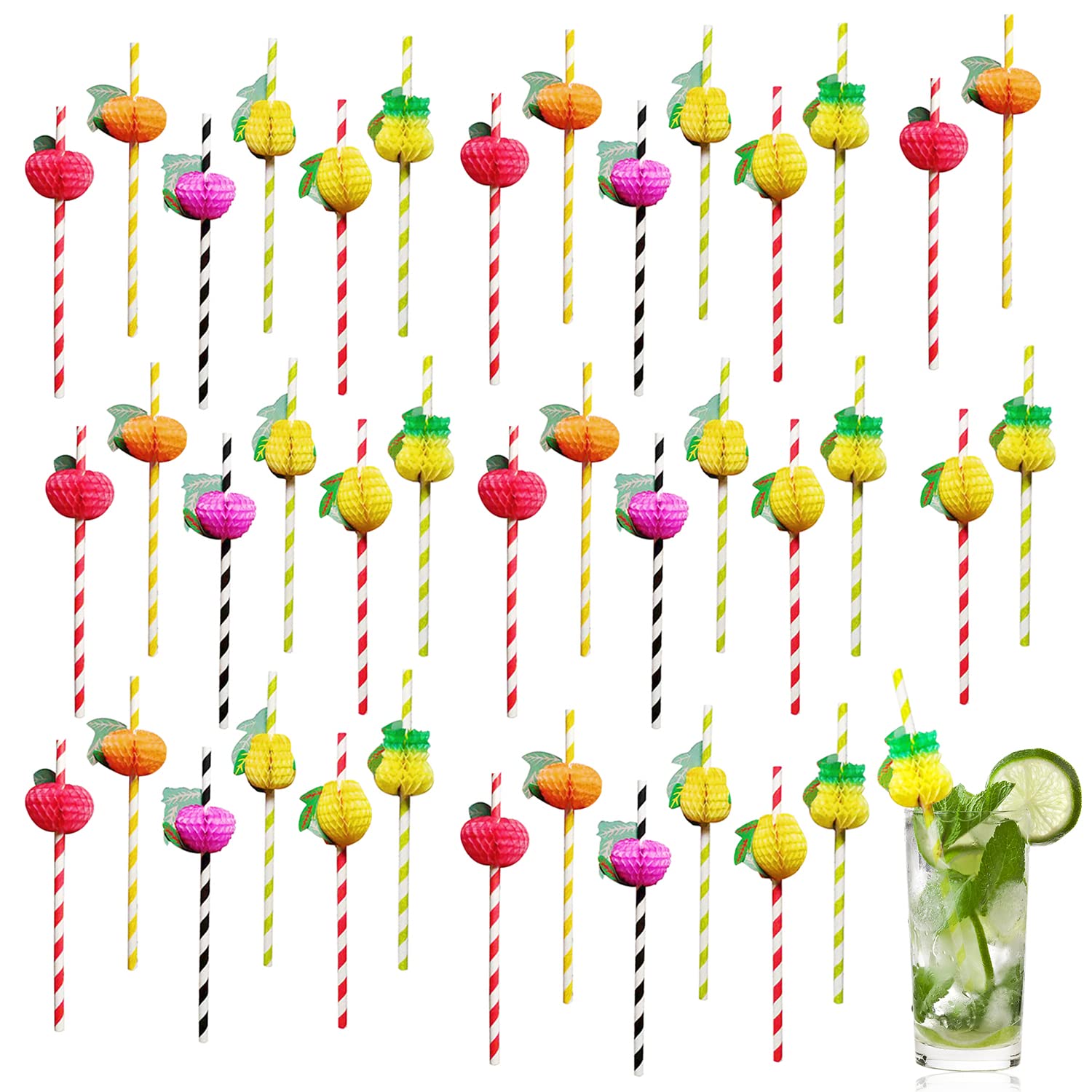 40 Pack 3D Fruit Decorative Straws, Fun Hawaiian Tropical Party, Biodegradable Paper Straws for Cold Drinks and Juices (Random Color)