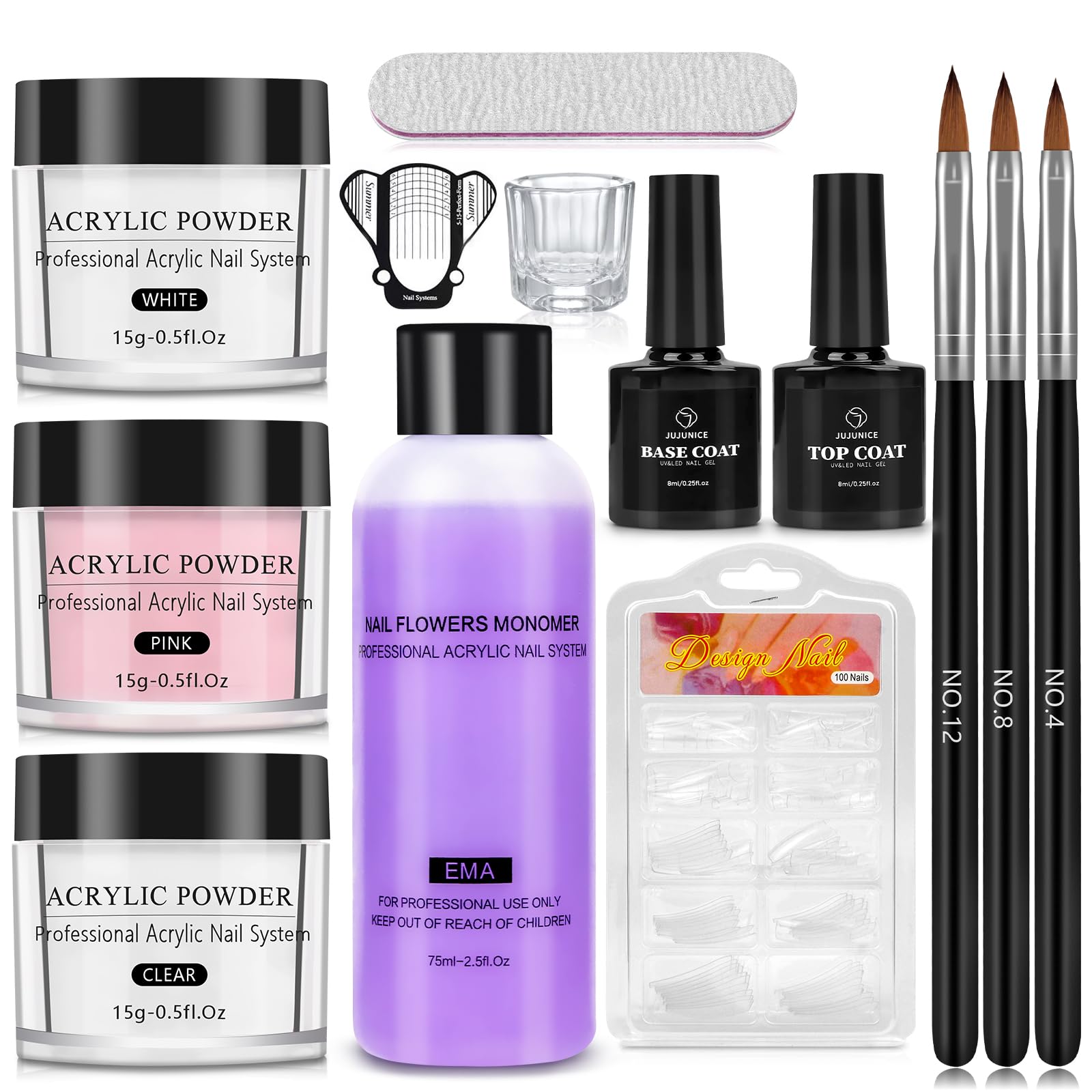 Yokilly Acrylic Nail Kit for Beginners: Acrylic Powder Set 3 Colors Pink White Clear Nail Powder - Nail Set with 100PCS Nail Tips Nail Art Brush Nails Extension Starter Kits for Home Salon