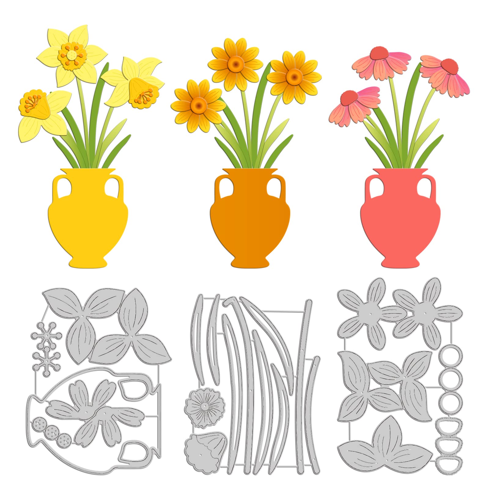 ORIGACH 3 Style Flower Metal Cutting Dies for Card Making 3D Floral Metal Die Cuts Bouquet Vase Embossing Stencils Paper Dies for DIY Scrapbooking Decorative Album Photo Decor Crafts Supplies
