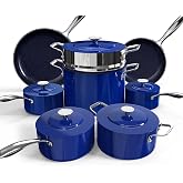 Nuwave Lux 13pc Forged Lightweight Nonstick Ceramic Cookware Set, PFAS-Free | Healthy G10 Duralon Ceramic Coating, Pots &amp; Pans Set, Stay-Cool Handles, Metal Lids, All Cooktops, Induction Ready, Blueberry