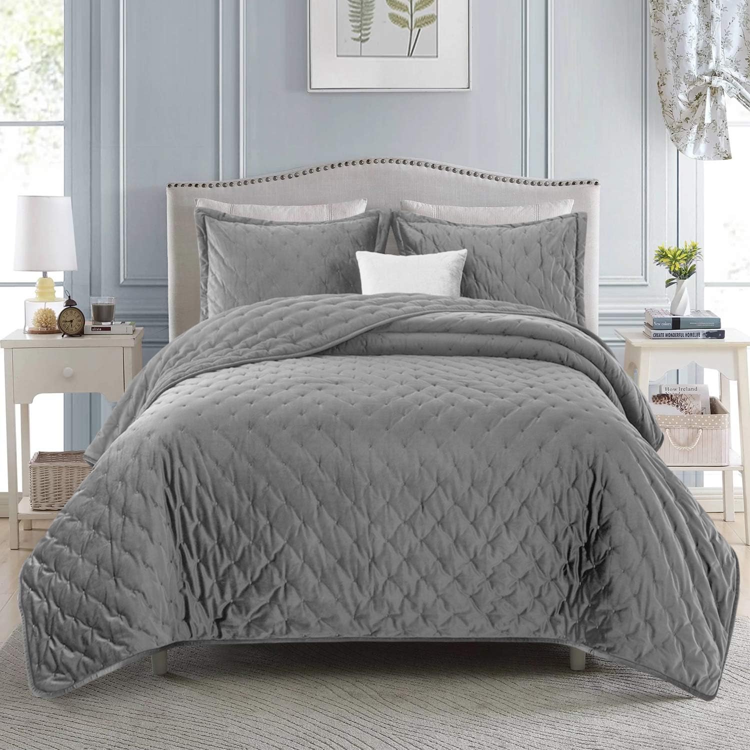 Oxford Homeware Quilted Bedspreads King Size Crushed Velvet Grey