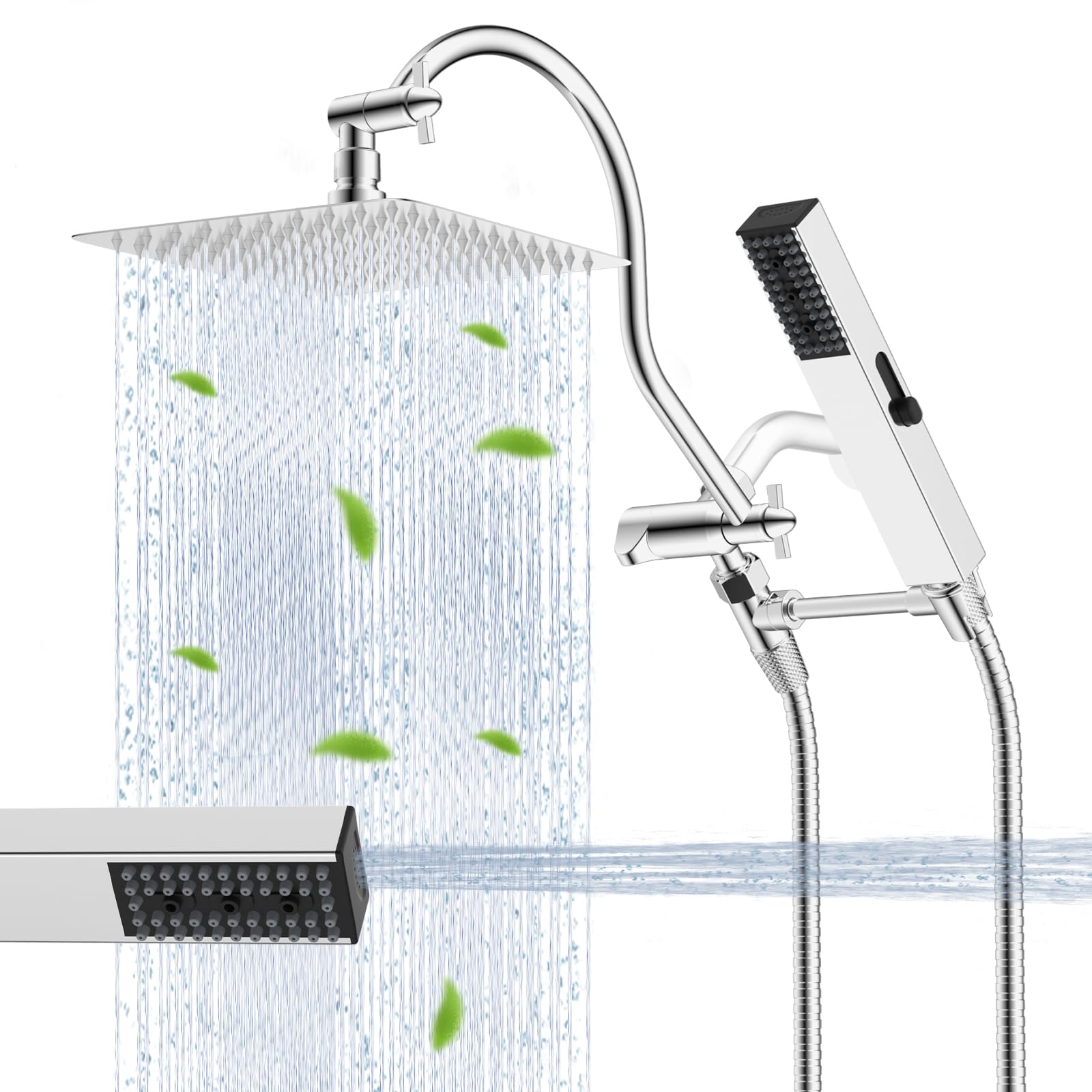 Photo 1 of Hibbent All Metal cUPC Certified Shower Head, 10'' High Pressure Rainfall Shower Head, Showerhead Combo, Handheld Shower Wand, 12'' Adjustable Extension Arm, 4-Spray, 71'' Hose, Shower Holder, Chrome