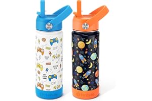 Fimibuke Kids Insulated Water Bottle - 18oz BPA-FREE Kids Cups with Straw Double Wall Vacuum Tumbler 18/8 Stainless Steel Leak Proof Toddler Water Bottle for School Boys Girls (2 Pack, Game+Space)