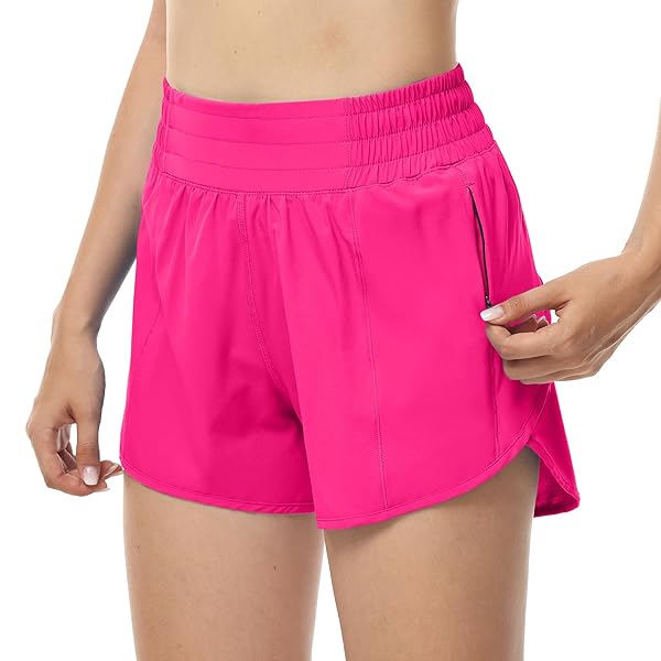 AUREFIN RUNNING SHORTS FOR WOMEN, HIGH WASITED ATHLETIC SHORTS WITH LINER AND ZIP POCKET WOMENS WORKOUT SHORTS 4 INCH SONIC PINK/SMALL