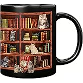 Coffee Mug for Book Lovers - Cat Mugs for Cat Lovers - Funny Mugs Charming Gifts for Book Lover Women and Cute Gifts for Writers & Readers - Library Bookshelf Mug - 11oz Black Ceramic Coffee & Tea Cup
