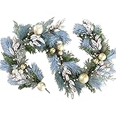 6 Ft Gold Christmas Garland for Mantle, Stairs, Fireplace - Real Touch Norfolk Pine with White Gold Balls, Holiday Decor for Indoor and Outdoor, Guirnaldas Navideñas