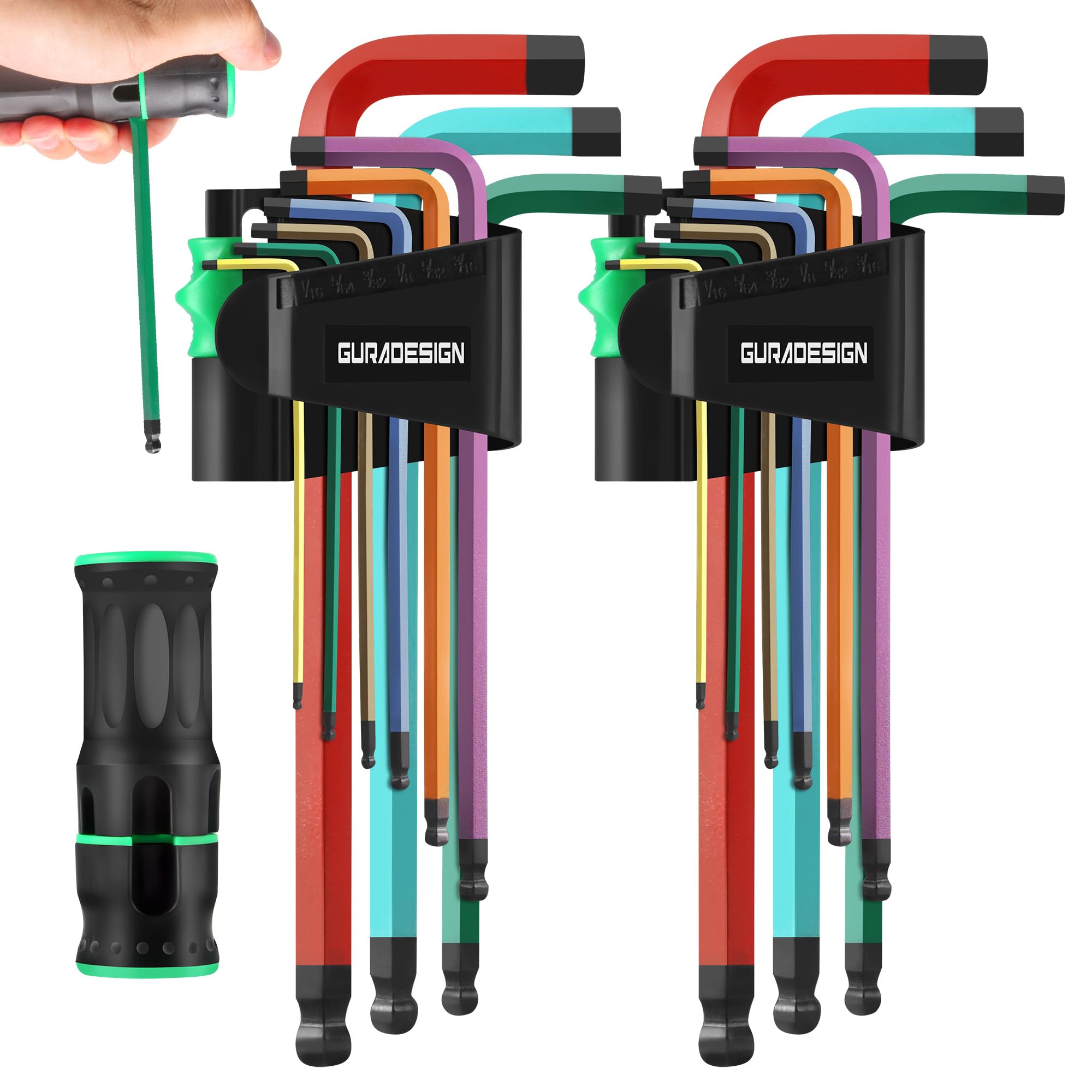 GURADESIGN 19-Piece Allen Key Set, Hex Key Set,Metric and SAE Alan Keys Sets Extra Long with Ball End T-Handle, MM(1.5mm-10mm),SAE(5/64"-3/8") Chrome Vanadium Steel