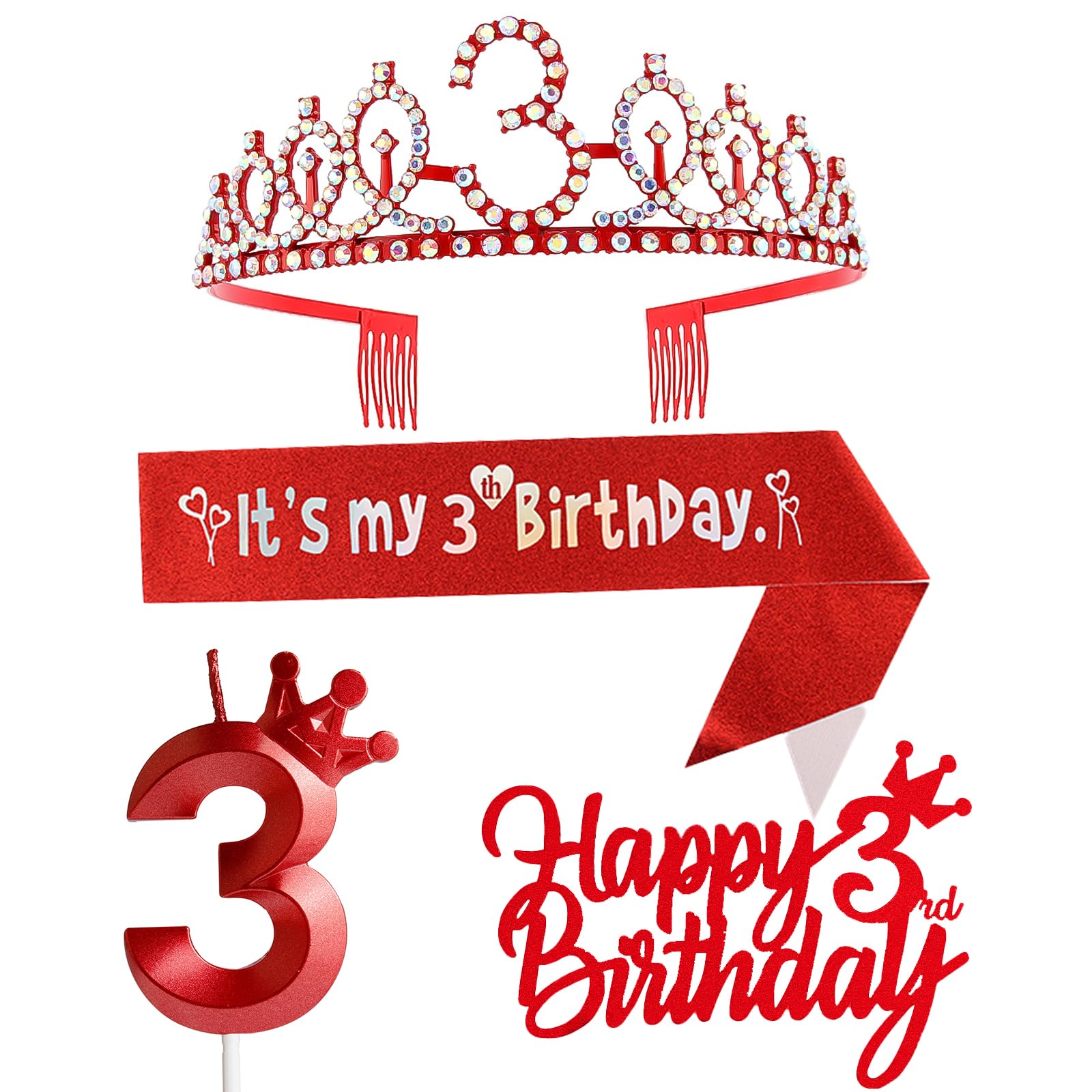 Photo 1 of 3rd Birthday Decorations for Girl - Including Crown/Tiara, Sash, Cake Toppers, Number 3 Candles - Red Party Supplies
