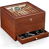 Flauno Cigar Humidor with Lock, Air Circulation System, up to 70 Cigars, Spanish Cedar Wood, Accurate Digital Hygrometer, Drawer, Humidifier, Divider, Handmade Glass Top Cigar Box for Cigar Lovers