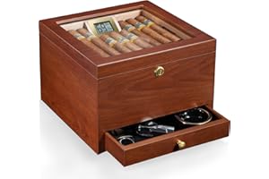 Flauno Cigar Humidor with Lock, Air Circulation System, up to 70 Cigars, Spanish Cedar Wood, Accurate Digital Hygrometer, Drawer, Humidifier, Divider, Handmade Glass Top Cigar Box for Cigar Lovers