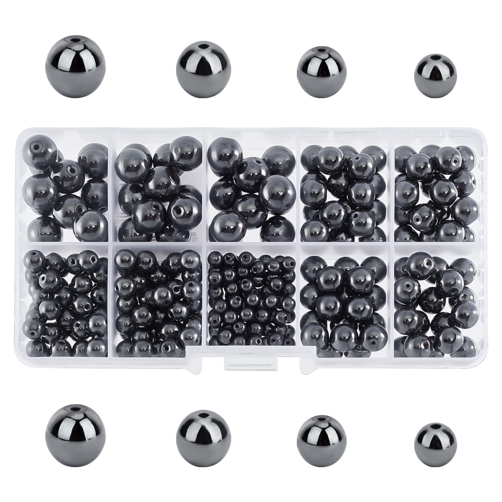 PH PandaHall 316pcs 4 Sizes Black Beads, 4/6/8/10mm Round Gemstone Beads Craft Beads with 1~2mm Hole for Earrings Bracelets Necklaces Jewellery Making Vase Filler DIY Crafts, Non-Magnetic