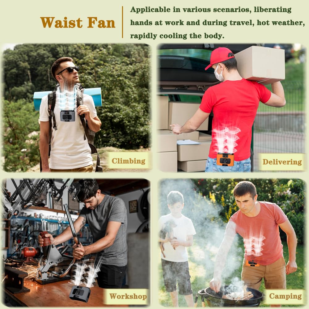 CAZOKASI 2024 Dual Motors Personal Fans Rechargeable Portable Waist Fan Neck Hanging Fan Super Powerfull Wind Cooling and Heatstroke Prevention Fan (20000mAh)