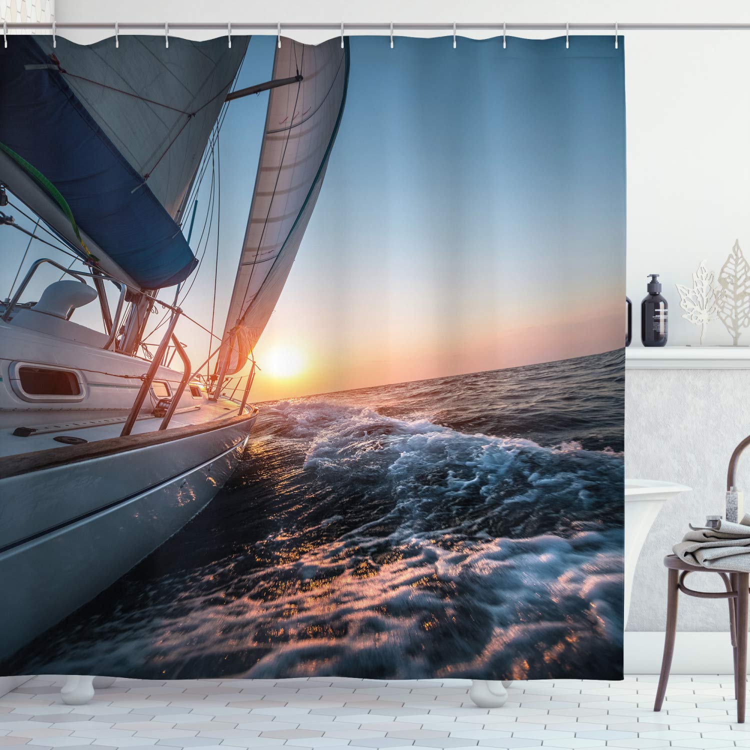 ABAKUHAUS Nautical Shower Curtain, Sail Boat in the Sea Waves Toward Sunset Marine Adventure Hobby Scenery, Cloth Fabric Bathroom Decor Set with Hooks, 94 Inches, Pale Blue Yellow