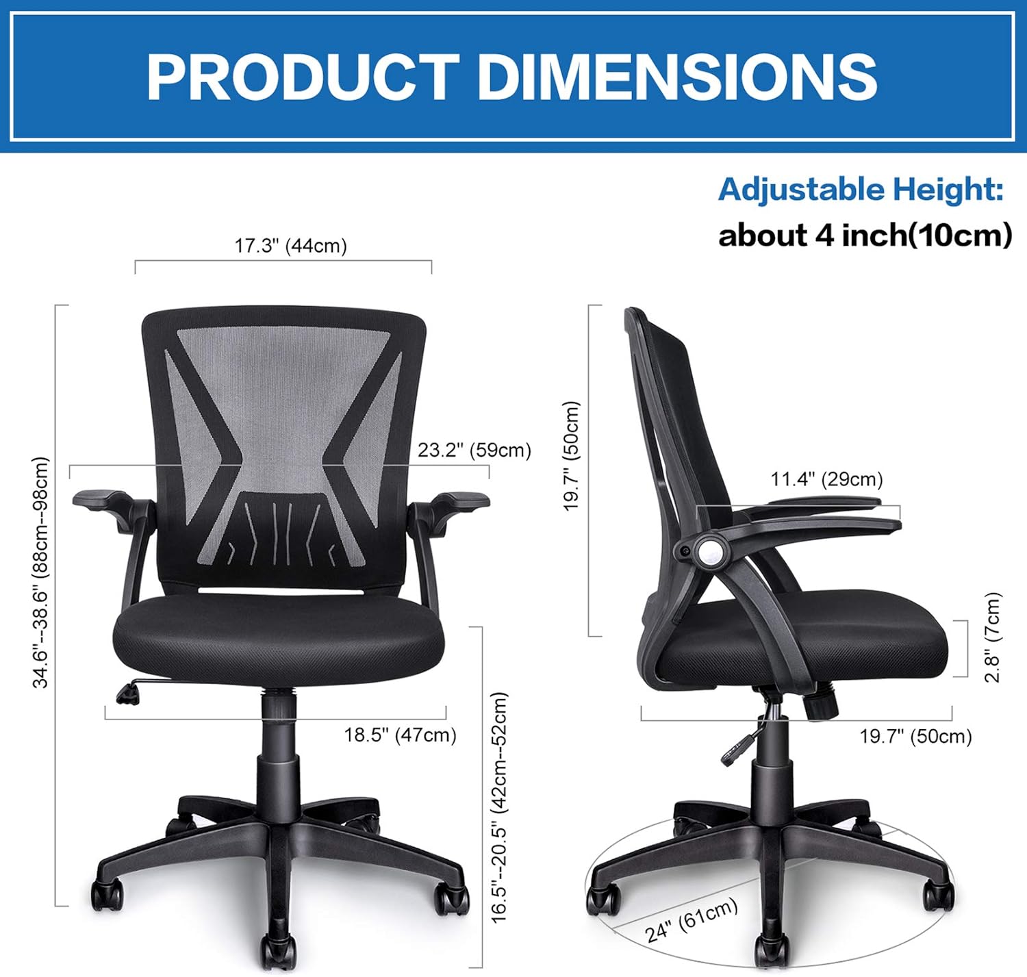 KOLLIEE Mid Back Mesh Office Chair Ergonomic Swivel Black Mesh Computer Chair Flip Up Arms with Lumbar Support Adjustable Height Task Chair: Home & Kitchen