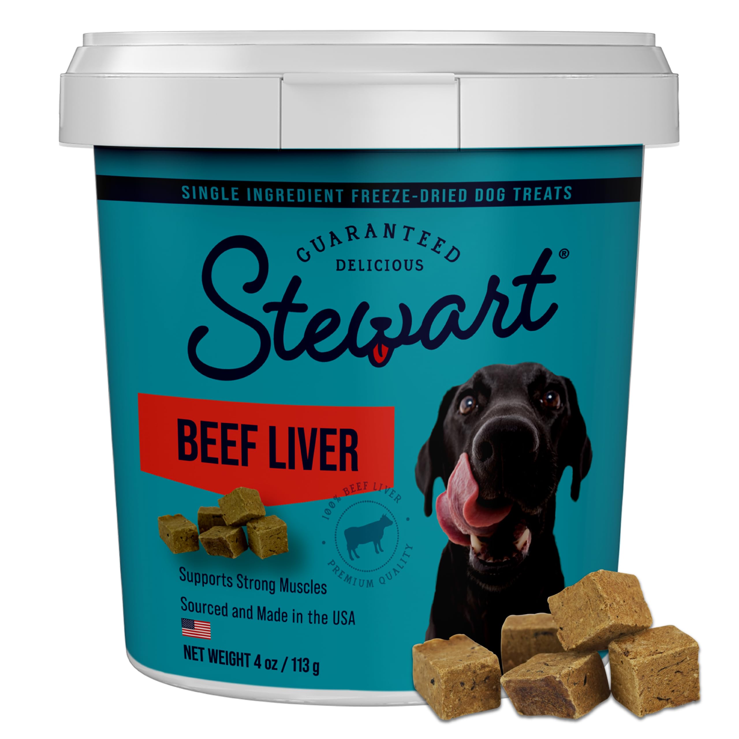 Stewart Single Ingredient Freeze Dried Raw Dog Treats, Beef Liver, 4 Ounce Resealable Tub, Training Treats or Meal Topper Dogs, High Protein, Grain Free, Gluten Free
