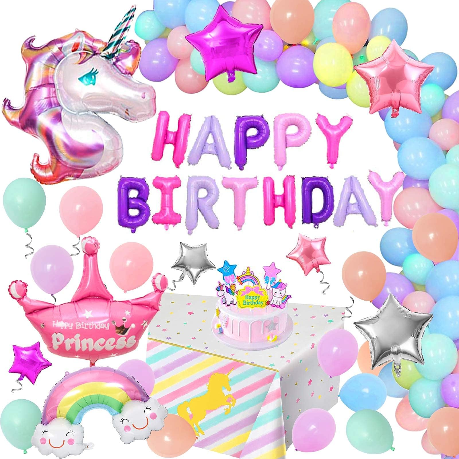 Unicorn Birthday Decorations for Girls, Huge 3D Foil Unicorn Balloons with Unicorn Tablecloth Cake Topper Birthday Banner Crown Star Rainbow Balloons, Birthday Party Supplies for Baby Grils Kids