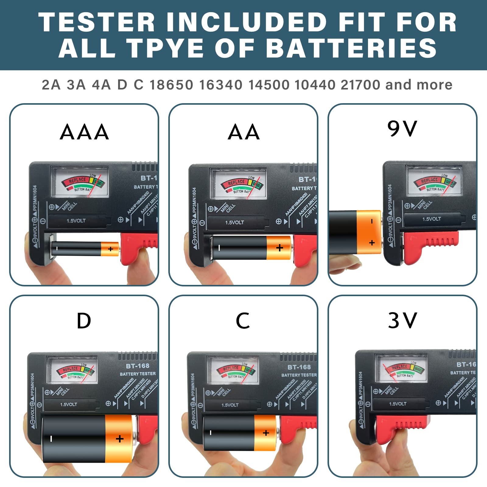 Kixda Batteriegehäuse, 250+ Steckplätze, große Organizer-Aufbewahrungsbox, Halterung für 2 A, 3 A, 4 A, C, D, 9 V, 3 V Lithium-Knopfbatterien (inklusive Tester, ohne Batterien) 5