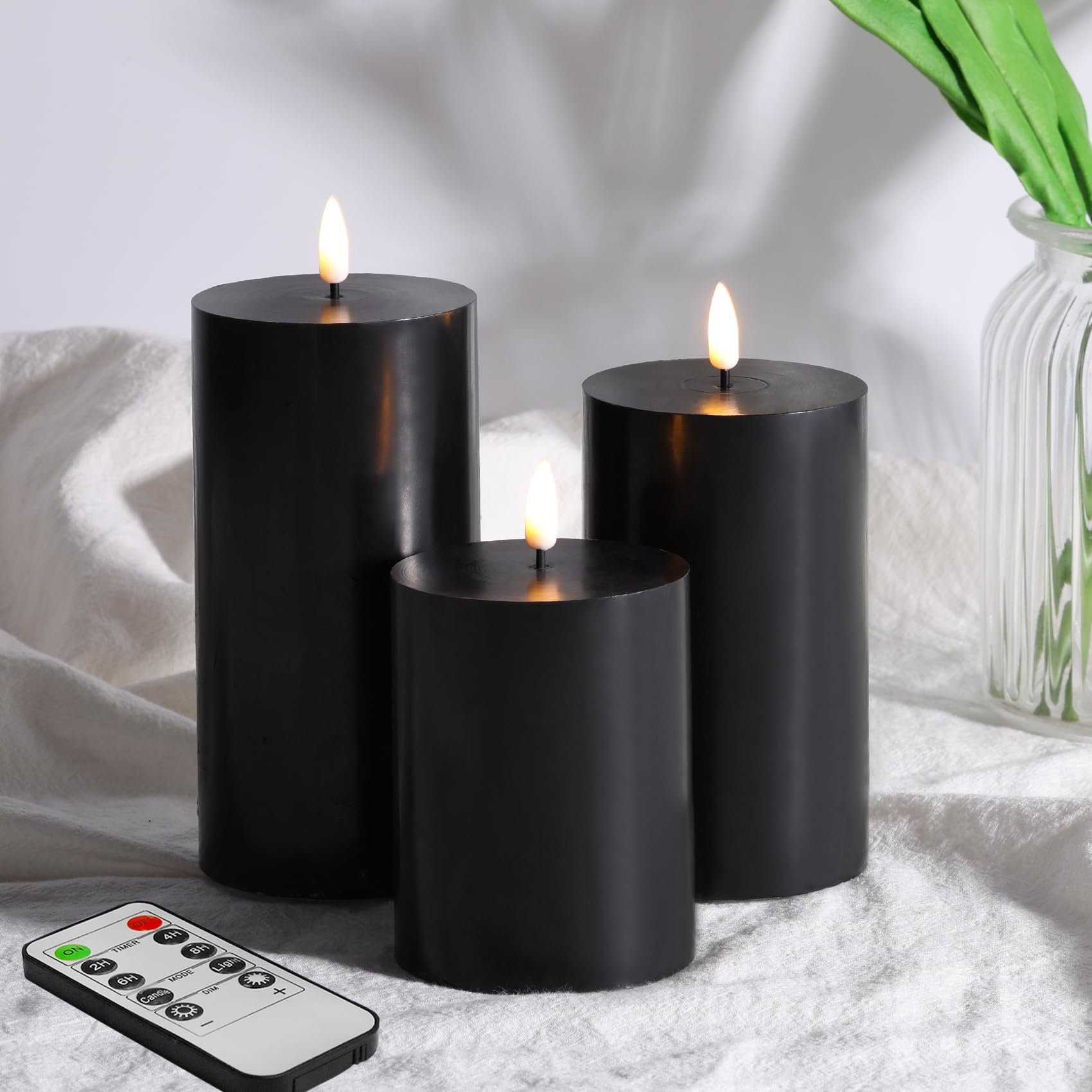 Photo 1 of *MISSING CONTROL* Girimax Black Flat Top Flameless Pillar Candles with Remote, Real Wax Flickering Battery Operated Gothic LED Candles ? 3" H 4" 5" 6"