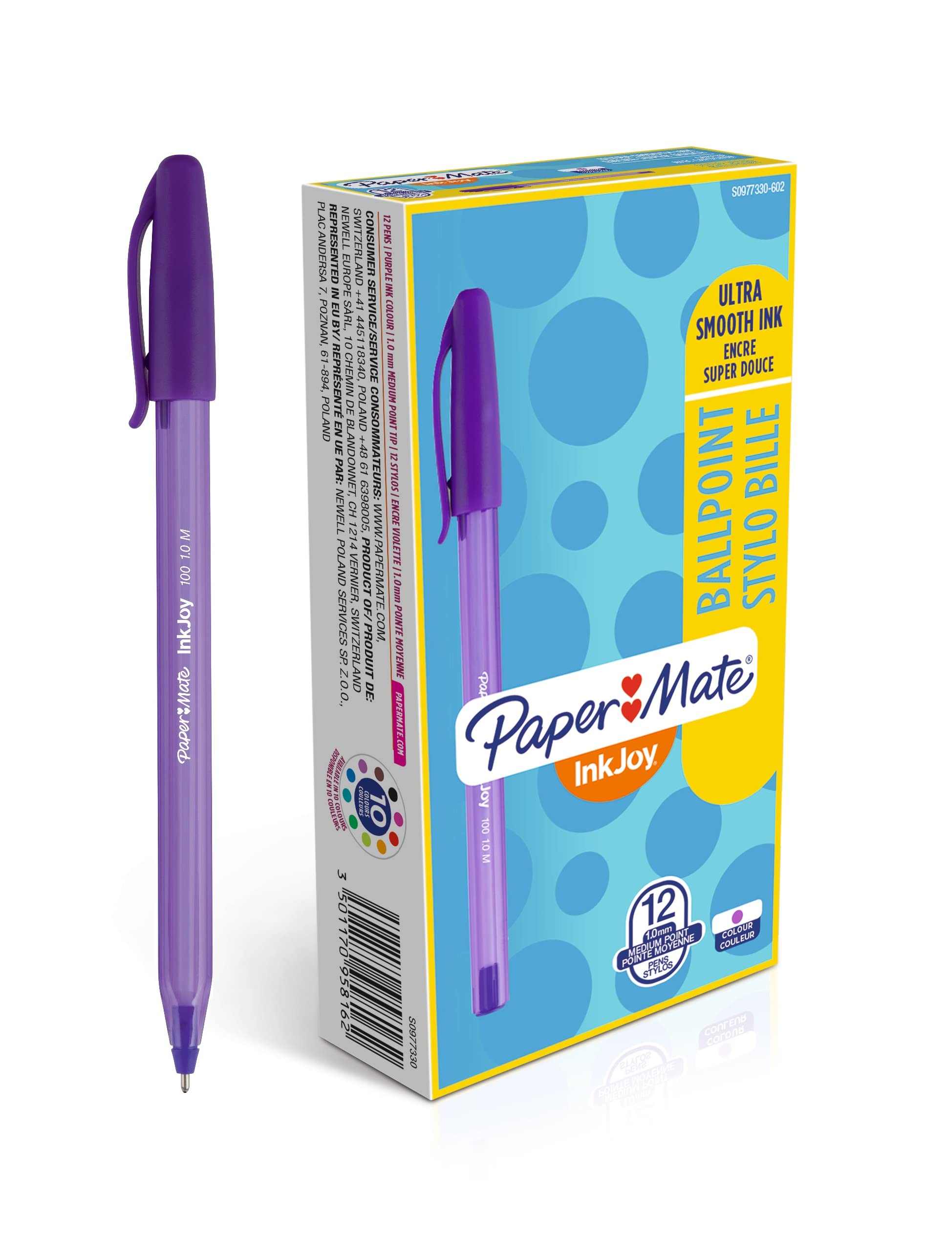 Paper Mate InkJoy 100ST Capped Ballpoint Pen - Ultra Smooth Ink - Medium Point 1.0mm - Purple Ink - Box of 12
