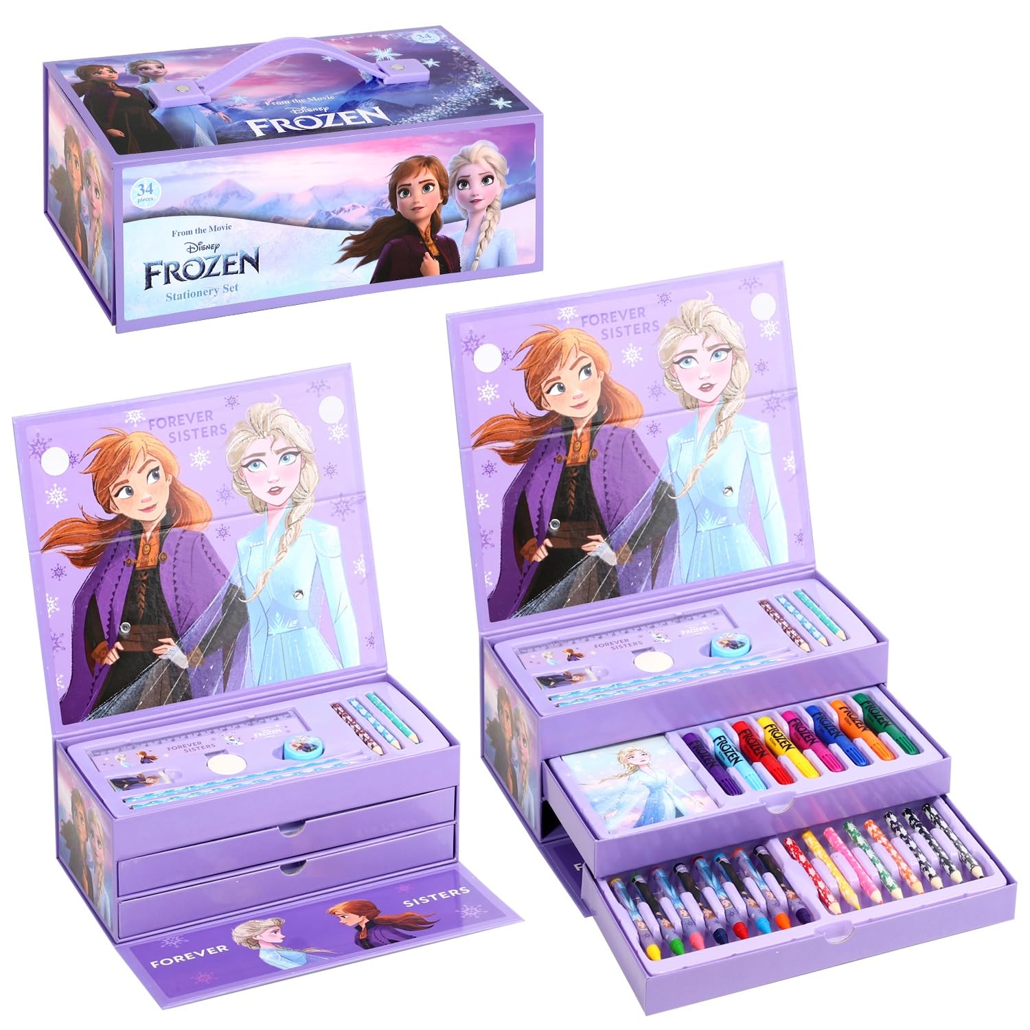 CERDÁ LIFE'S LITTLE MOMENTS Frozen Kids 34pc Colouring Art Stationery Set with Watercolour Felt Tip Pens Crayons and Pencils Travel Set for Children